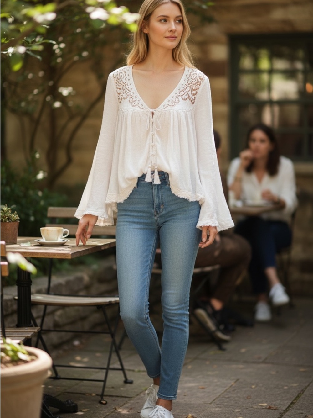 0047. Free People Boho Lace-Trim Blouse in Off-White